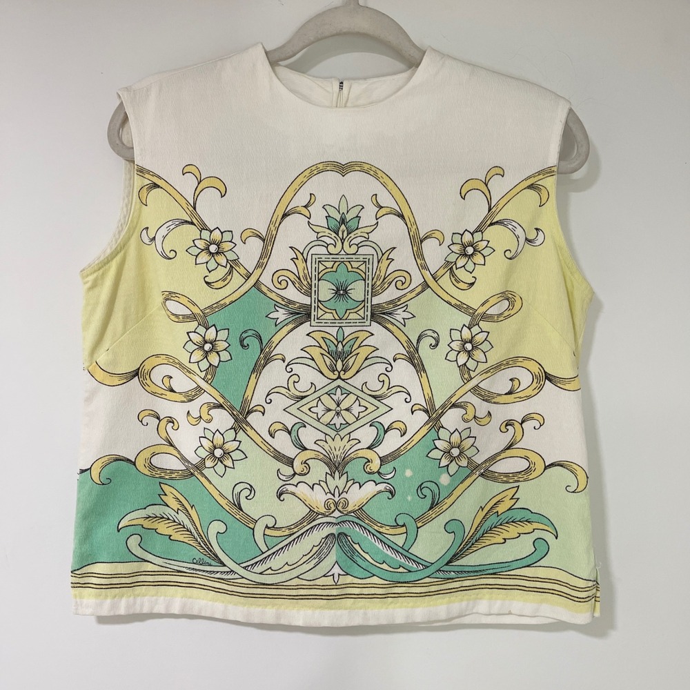 Cellini Vintage Hand Screen Print‎ Top Womens 18 White Yellow Floral | Mod Retro
